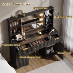 Modern Bedroom Adjustable LED Vanity Desk with Storage Cabinets and Clear Glass Tabletop