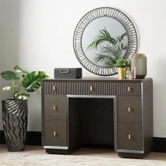 Dark Wood Vanity Desk with Wooden Slat Groove Drawer and Brass Hardware