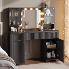 Modern Bedroom Adjustable LED Vanity Desk with Storage Cabinets and Clear Glass Tabletop