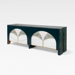 Contemporary Arched Marble Inlay Sideboard with Green Marble Top for Dining Room Decor