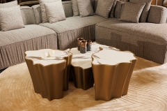 High-End Wave-Design Nesting Side Tables with Marble Top and Gold Finish for Luxury Interiors