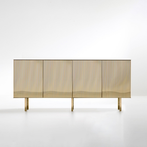 High Gloss Lacquer Sideboard with Vertical Slatted Design in Gold and Rose Gold for Modern Luxury Spaces
