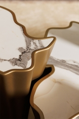 High-End Wave-Design Nesting Side Tables with Marble Top and Gold Finish for Luxury Interiors