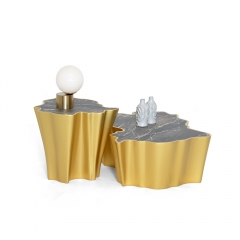 High-End Wave-Design Nesting Side Tables with Marble Top and Gold Finish for Luxury Interiors