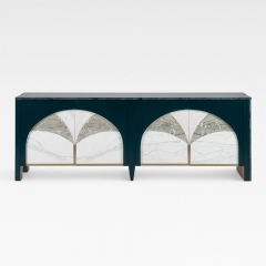 Contemporary Arched Marble Inlay Sideboard with Green Marble Top for Dining Room Decor