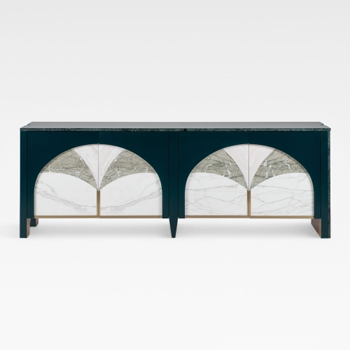 Contemporary Arched Marble Inlay Sideboard with Green Marble Top for Dining Room Decor
