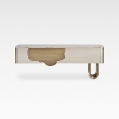 High-Grade Wall Mounted Drawer Console with Onyx Vein Top and Metal Inlay for Hospitality Projects