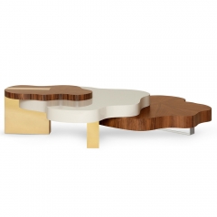 Artistic Multi-Layer Organic Coffee Table with Radial Walnut Inlay and Wood Accents