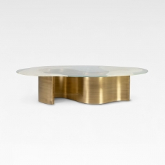 Luxury Organic Glass Coffee Table with Brushed Brass Base for Contemporary Living Room Interiors