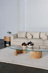 Minimalist Asymmetrical Coffee Table with Tempered Glass Top and Burl Wood Base for Luxury