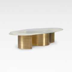 Luxury Organic Glass Coffee Table with Brushed Brass Base for Contemporary Living Room Interiors