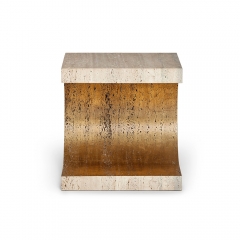 Minimalist Travertine Side Table with Curved Cutout and Gold Leaf Accent for Modern Luxury Interiors