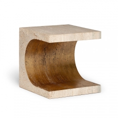 Minimalist Travertine Side Table with Curved Cutout and Gold Leaf Accent for Modern Luxury Interiors