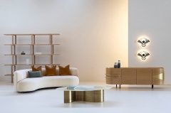 Luxury Organic Glass Coffee Table with Brushed Brass Base for Contemporary Living Room Interiors