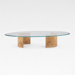 Minimalist Asymmetrical Coffee Table with Tempered Glass Top and Burl Wood Base for Luxury