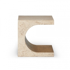 Minimalist Travertine Side Table with Curved Cutout and Gold Leaf Accent for Modern Luxury Interiors