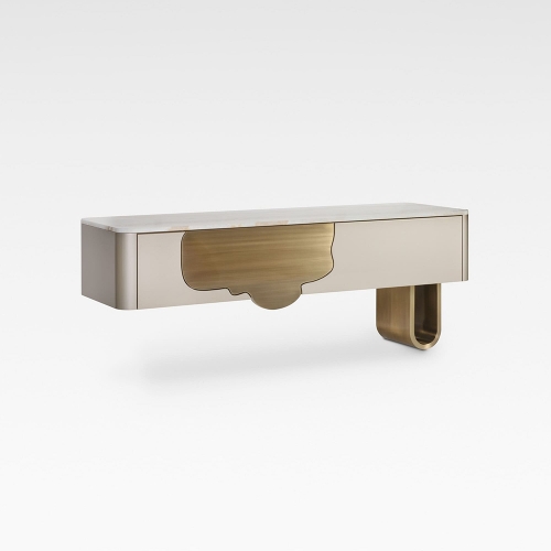High-Grade Wall Mounted Drawer Console with Onyx Vein Top and Metal Inlay for Hospitality Projects