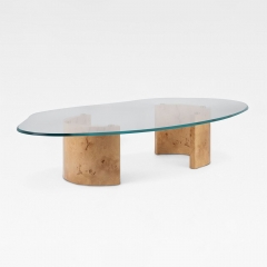 Minimalist Asymmetrical Coffee Table with Tempered Glass Top and Burl Wood Base for Luxury