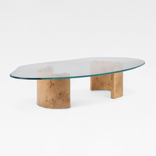 Minimalist Asymmetrical Coffee Table with Tempered Glass Top and Burl Wood Base for Luxury