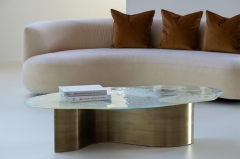 Luxury Organic Glass Coffee Table with Brushed Brass Base for Contemporary Living Room Interiors