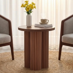 Round Fluted Side Table With Thickened Wood Top for Living Room Bedroom