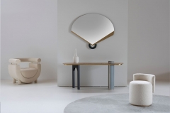 High-End Console Table with Natural Wood Grain and Leather Cylinder Base for Luxury Homes