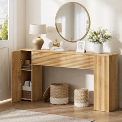 Modern Fluted Console Table with Side Storage Cabinets for Entryway and Living Room
