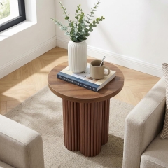 Round Fluted Side Table With Thickened Wood Top for Living Room Bedroom