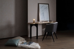 High-End Console Table with Natural Wood Grain and Leather Cylinder Base for Luxury Homes