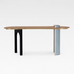 High-End Console Table with Natural Wood Grain and Leather Cylinder Base for Luxury Homes