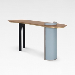 High-End Console Table with Natural Wood Grain and Leather Cylinder Base for Luxury Homes