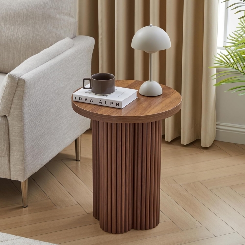Round Fluted Side Table With Thickened Wood Top for Living Room Bedroom