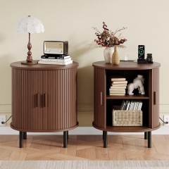 23.5 Inch Round Fluted Nightstand with Built in Charging Station and Sliding Doors