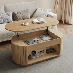 Oval Lift Top Coffee Table with Hidden Storage and Fluted Side Panels