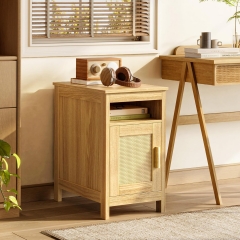 Flip Top Side Table Narrow Rattan Nightstand with Built in Charging Station