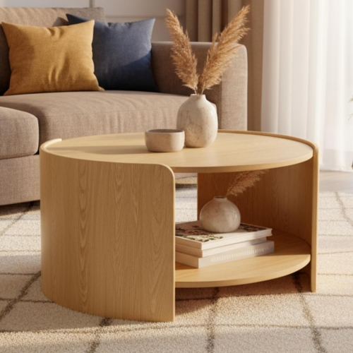 31.5 Inch Round Coffee Table With Open Storage Shelf for Small Space