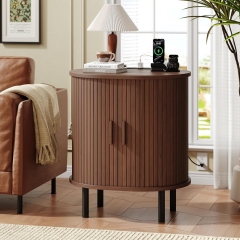 23.5 Inch Round Fluted Nightstand with Built in Charging Station and Sliding Doors