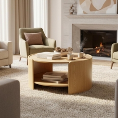 31.5 Inch Round Coffee Table With Open Storage Shelf for Small Space