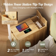 Flip Top Side Table Narrow Rattan Nightstand with Built in Charging Station