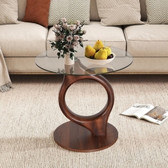 Modern Tempered Glass End Table Featuring Sculptural Wooden Frame and Stable Round Base