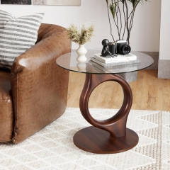 Modern Tempered Glass End Table Featuring Sculptural Wooden Frame and Stable Round Base