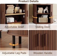 23.5 Inch Round Fluted Nightstand with Built in Charging Station and Sliding Doors