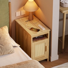 Flip Top Side Table Narrow Rattan Nightstand with Built in Charging Station