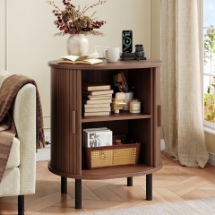 23.5 Inch Round Fluted Nightstand with Built in Charging Station and Sliding Doors
