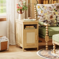 Flip Top Side Table Narrow Rattan Nightstand with Built in Charging Station