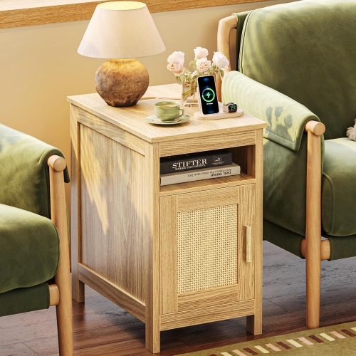 Flip Top Side Table Narrow Rattan Nightstand with Built in Charging Station