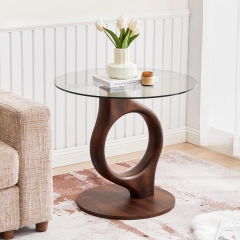 Modern Tempered Glass End Table Featuring Sculptural Wooden Frame and Stable Round Base