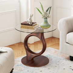 Modern Tempered Glass End Table Featuring Sculptural Wooden Frame and Stable Round Base
