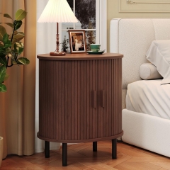 23.5 Inch Round Fluted Nightstand with Built in Charging Station and Sliding Doors