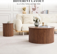 Contemporary Walnut Fluted Round Accent Table Set with Anti-Scratch Base for Apartment